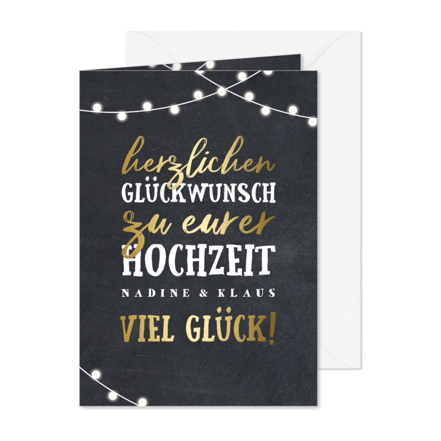 Glückwunschkarte zur Hochzeit Lichterkette und Typografie - Karteneindruck