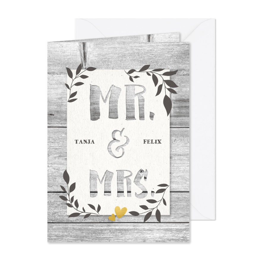 Glückwunschkarte zur Hochzeit 'Mr. & Mrs' auf Holz - Karteneindruck