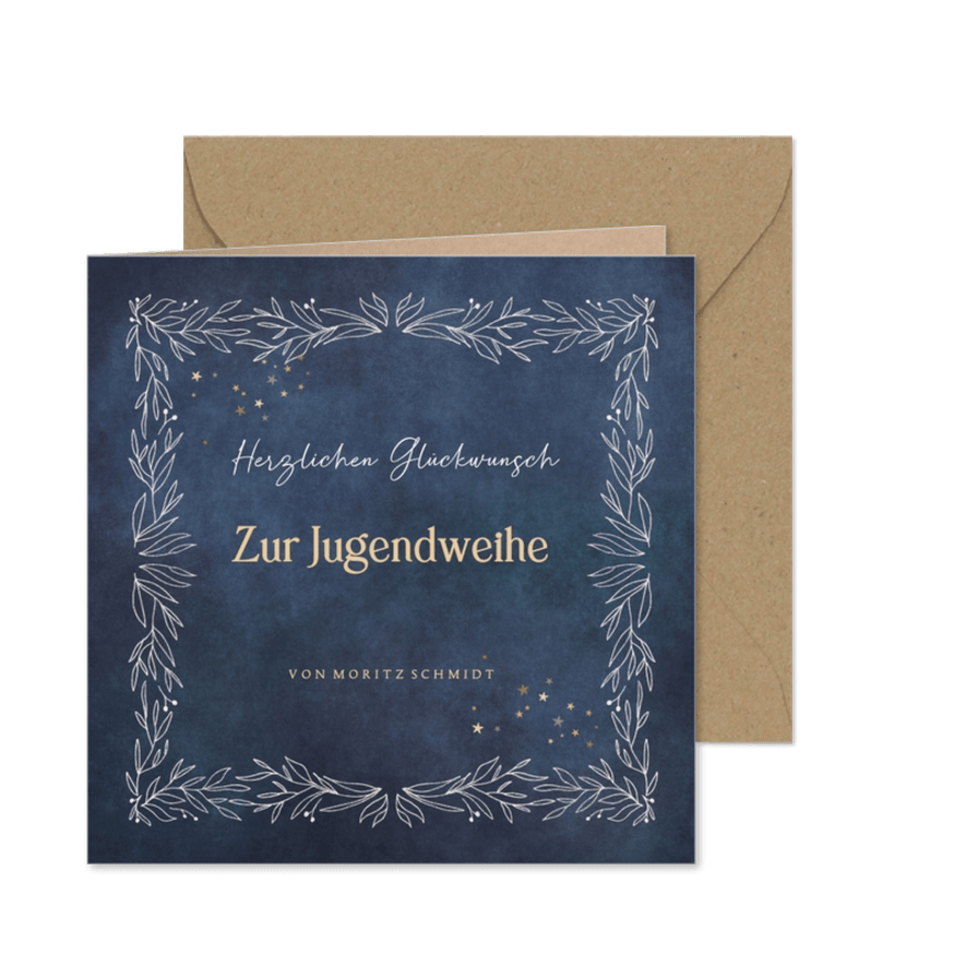 Glückwunschkarte zur Jugendweihe in Blau mit Zweigen - Karteneindruck