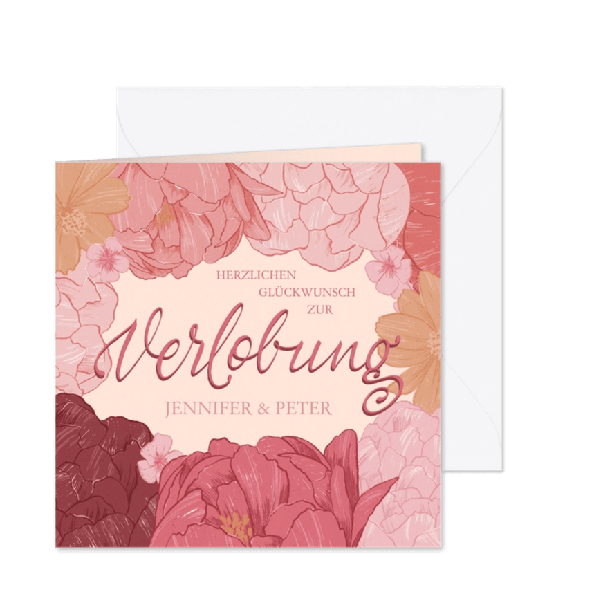 Glückwunschkarte zur Verlobung Blüten und Lettering - Karteneindruck