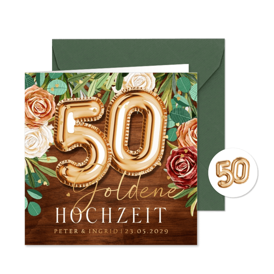 Goldene Hochzeit Einladung Rosen & Goldballons - Karteneindruck