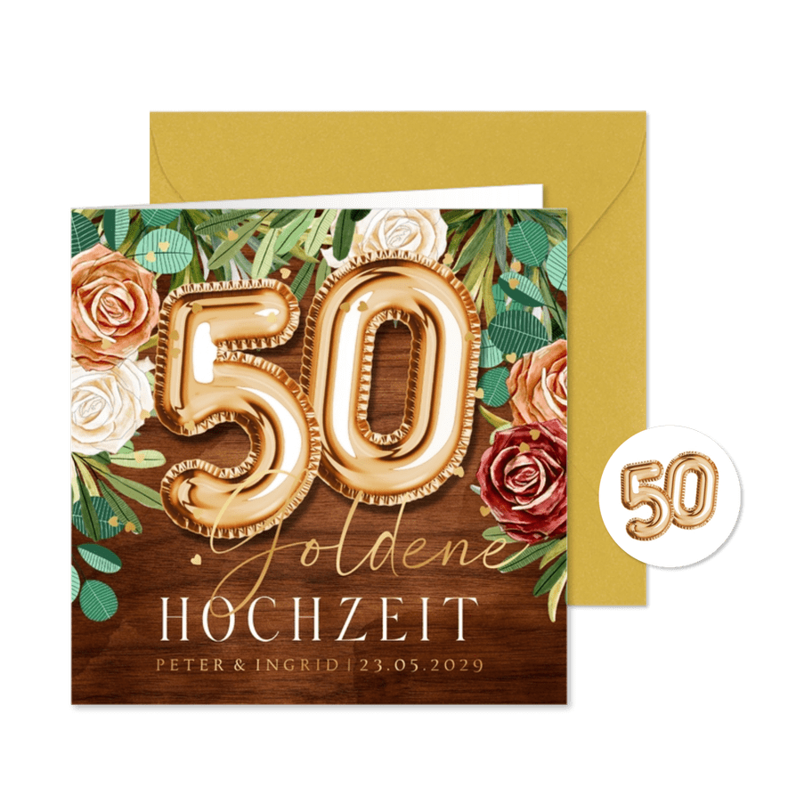 Goldene Hochzeit Einladung Rosen & Goldballons - Karteneindruck
