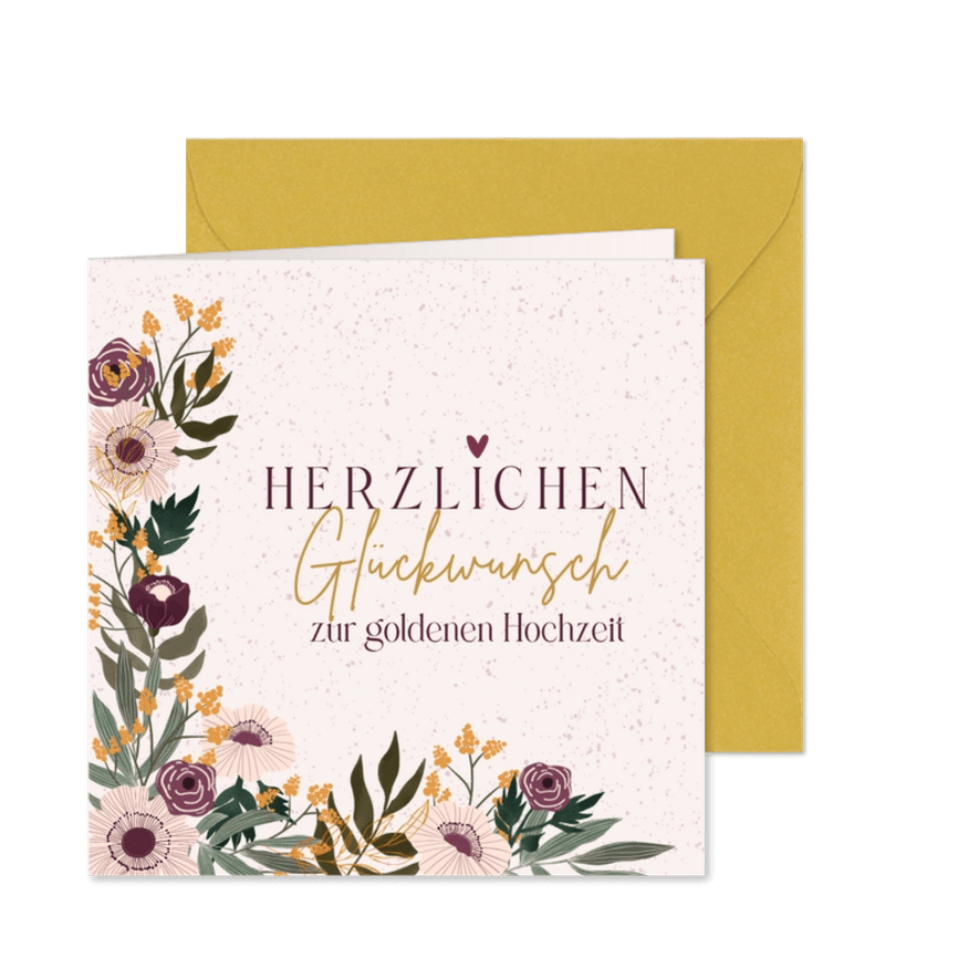 Goldene Hochzeit Glückwunschkarte mit Blumen und Zweigen - Karteneindruck