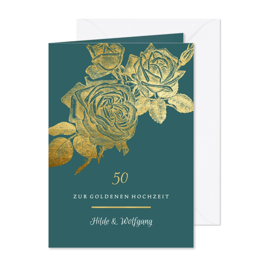 Goldene Hochzeit Glückwunschkarte Rosen in Gold - Karteneindruck