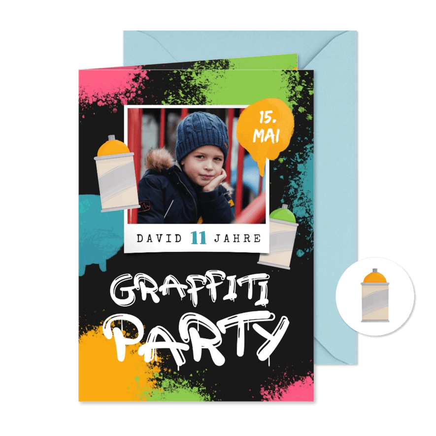 Graffiti Einladung 11. Kindergeburtstag bunt mit Foto - Karteneindruck
