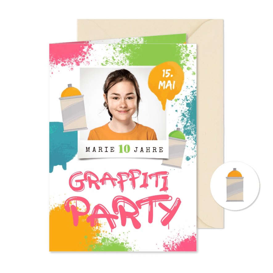 Graffiti Kindergeburtstagseinladung bunt mit Foto 10 Jahre - Karteneindruck
