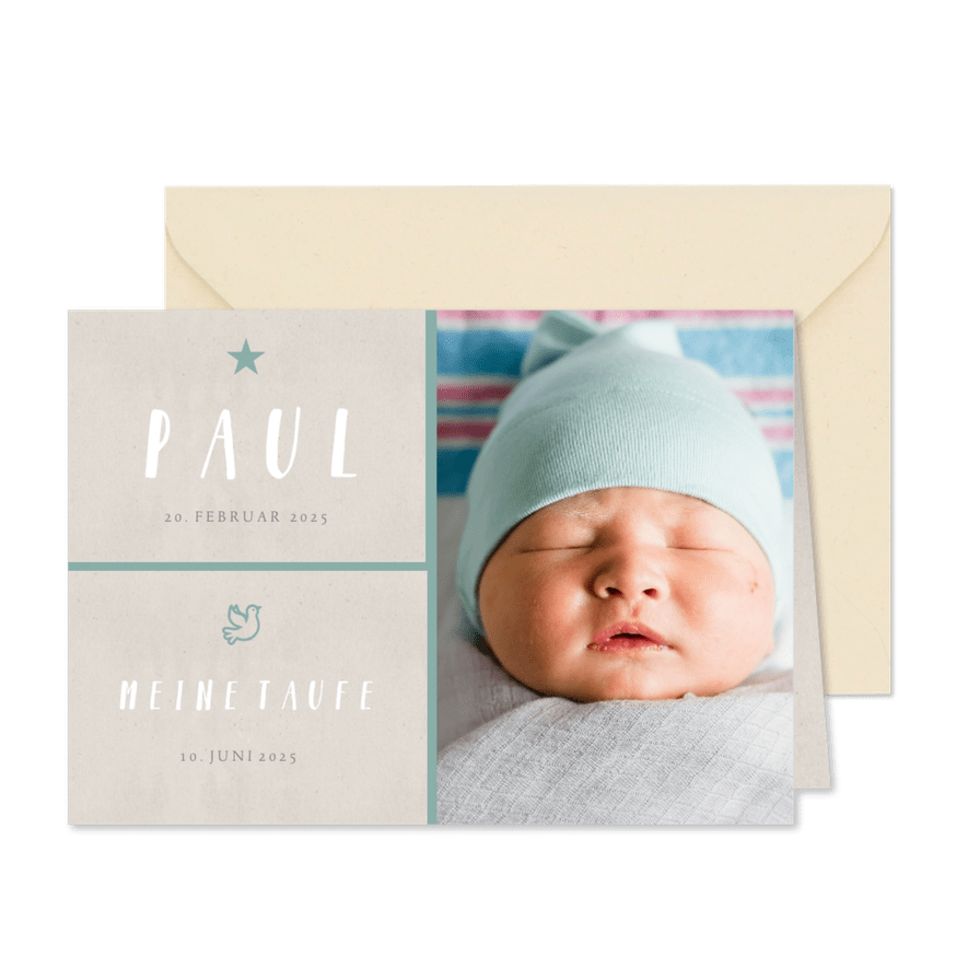 Grafische Einladung zur Taufe Foto grün - Karteneindruck
