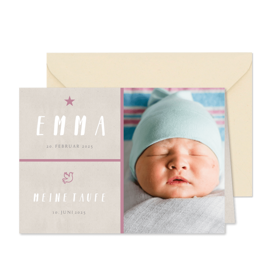 Grafische Einladung zur Taufe Foto rosa - Karteneindruck
