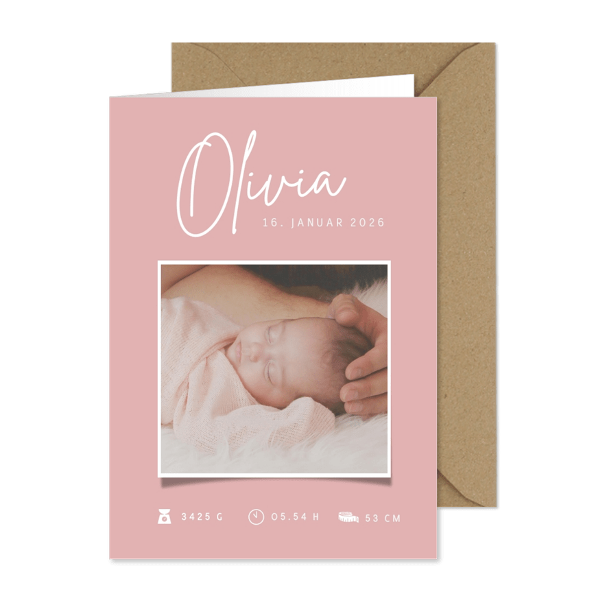 Grafische Geburtskarte mit eigenem Foto rosa - Karteneindruck