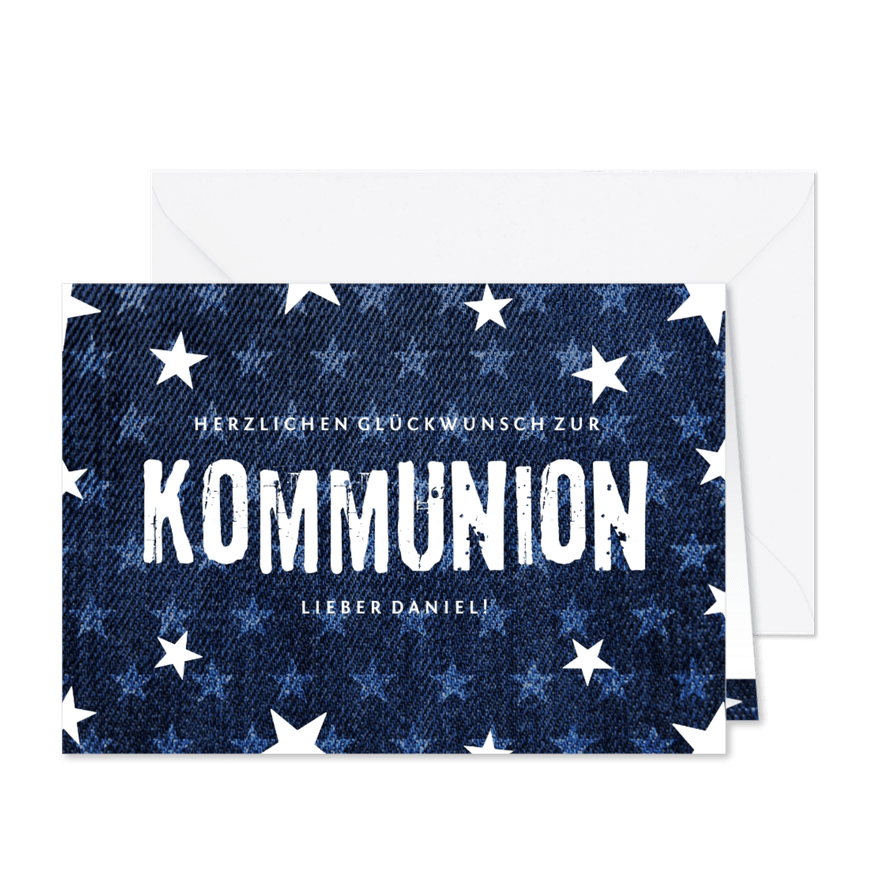 Gratulationskarte Kommunion Sterne & Jeans - Karteneindruck