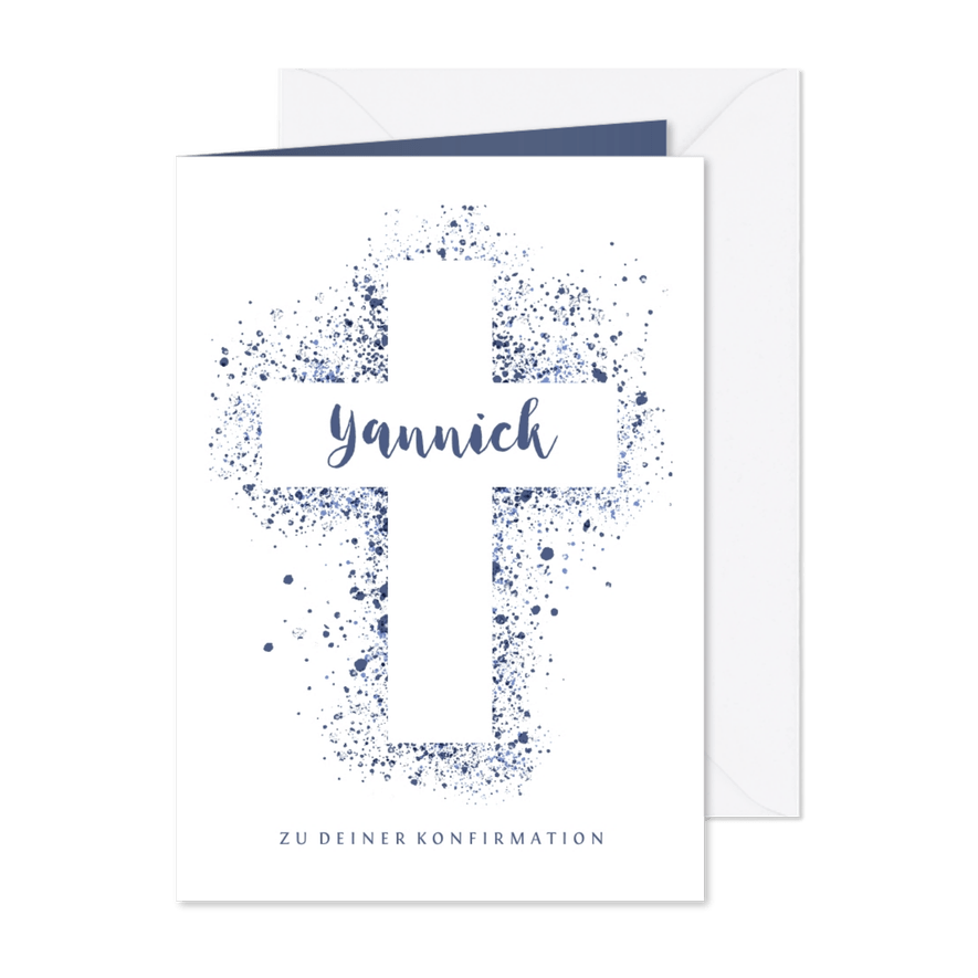Gratulationskarte Konfirmation Kreuz blaue Spritzer - Karteneindruck
