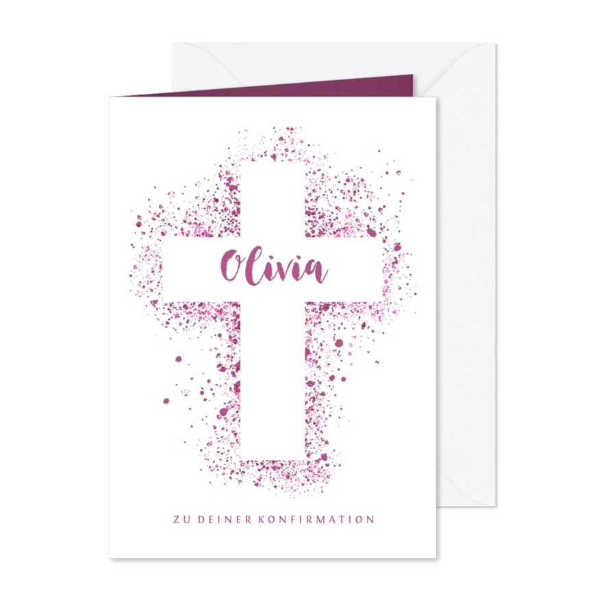 Gratulationskarte Konfirmation Kreuz Spritzer pink - Karteneindruck