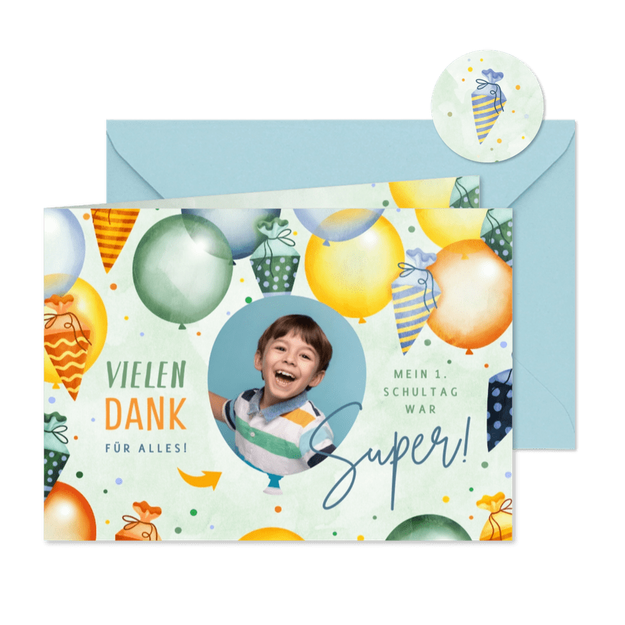Grüne Dankeskarte zur Einschulung Lufballons & Schultüten - Karteneindruck