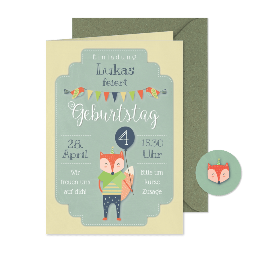 Grüne Einladungskarte 4. Kindergeburtstag kleiner Fuchs - Karteneindruck
