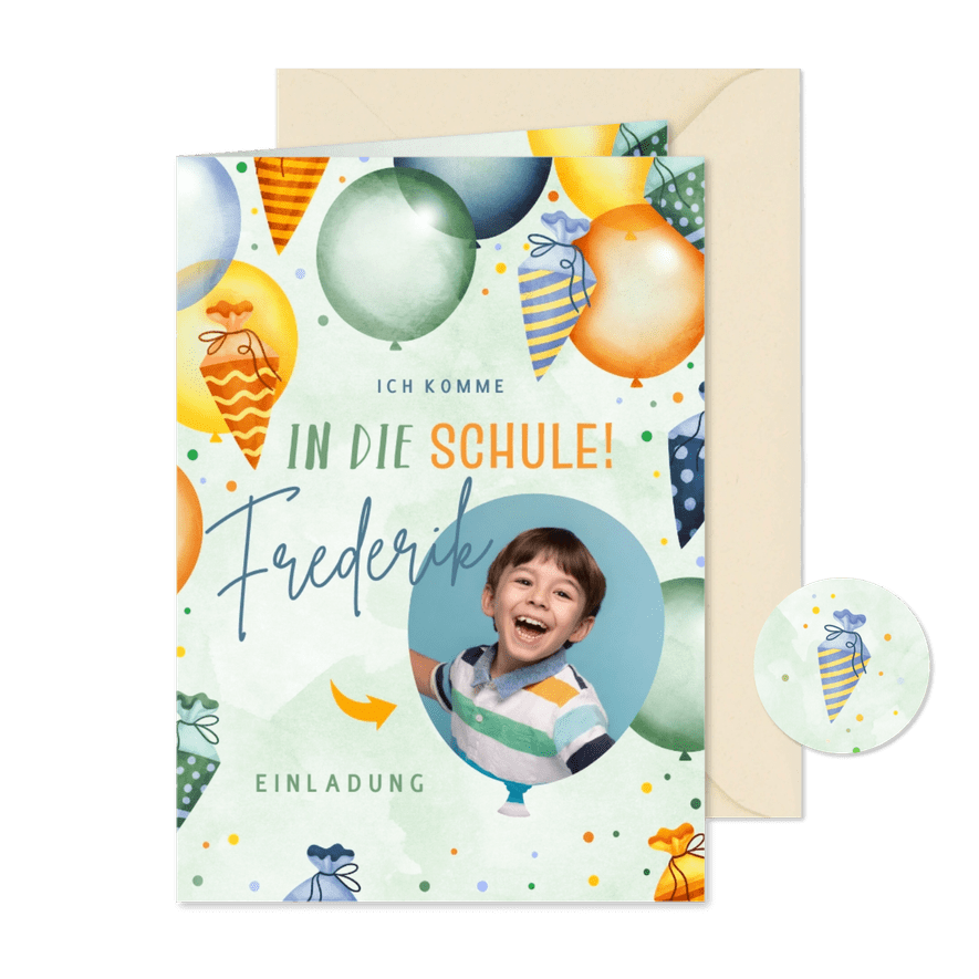 Grüne Einladungskarte Einschulung Ballons & Schultüten - Karteneindruck
