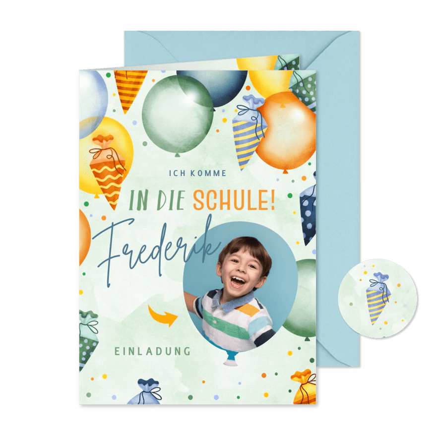 Grüne Einladungskarte Einschulung Ballons & Schultüten - Karteneindruck