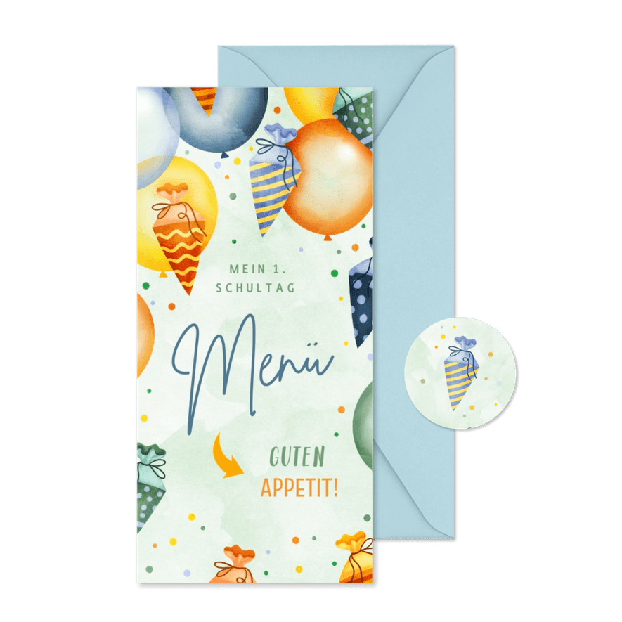 Grüne Menükarte Einschulung Ballons & Schultüten - Karteneindruck