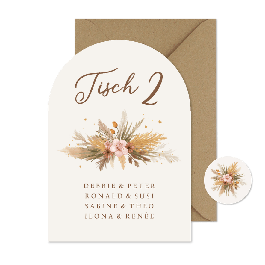 Gruppentischkarte Boho Hochzeit Nummer und Namen - Karteneindruck
