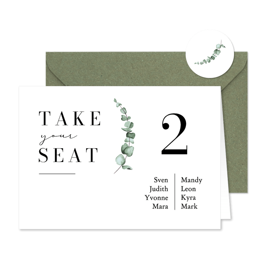 Gruppentischkarte schlicht Eukalyptuszweig auf weiß - Karteneindruck
