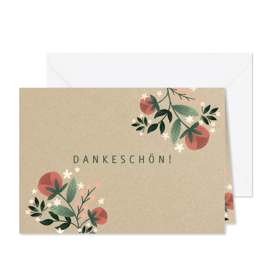 Grußkarte Dankeschön Blumen auf Kraftpapier - Karteneindruck
