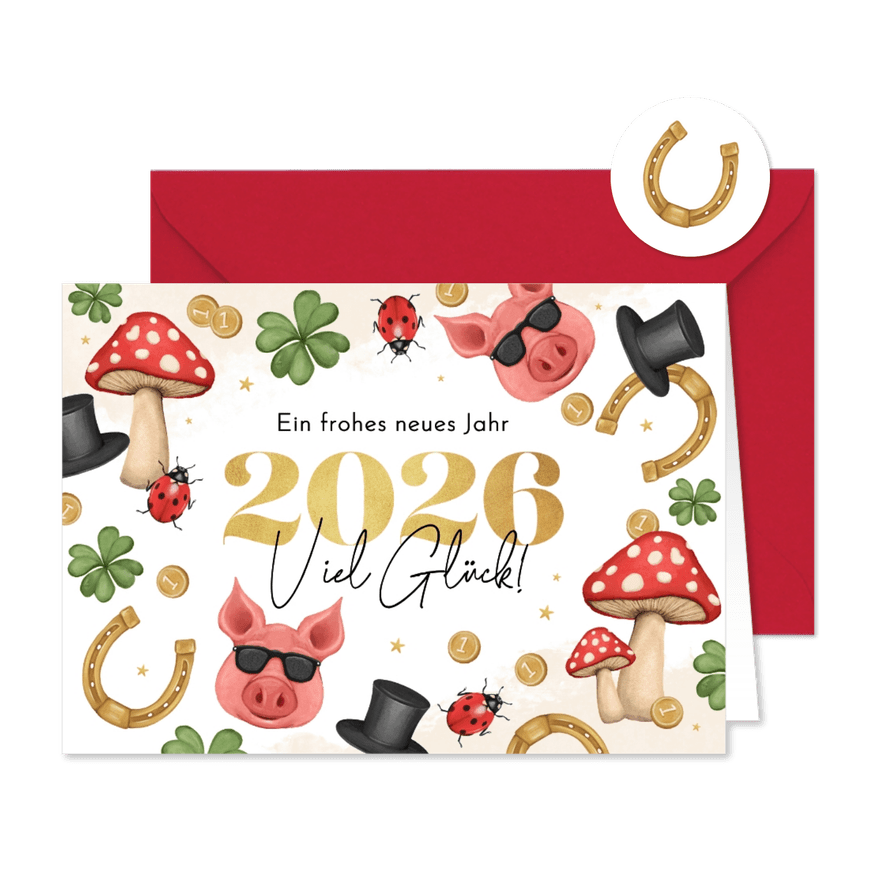 Grußkarte 'Frohes neues Jahr' Glücksbringer 2026 - Karteneindruck
