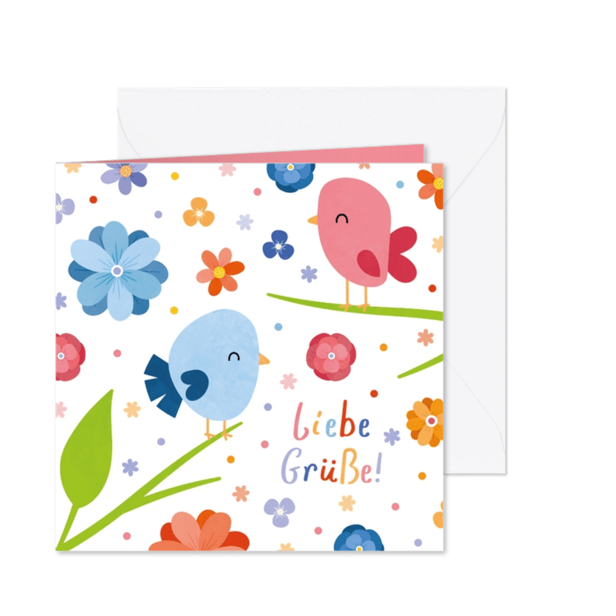 Grußkarte Frühling Blumen und Vögel - Karteneindruck