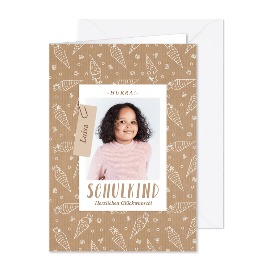Grußkarte Glückwunsch Schulanfang Foto & Schultüten - Karteneindruck