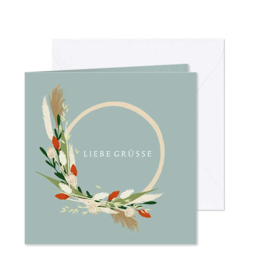 Grußkarte 'Liebe Grüße' eleganter Blumenkranz - Karteneindruck