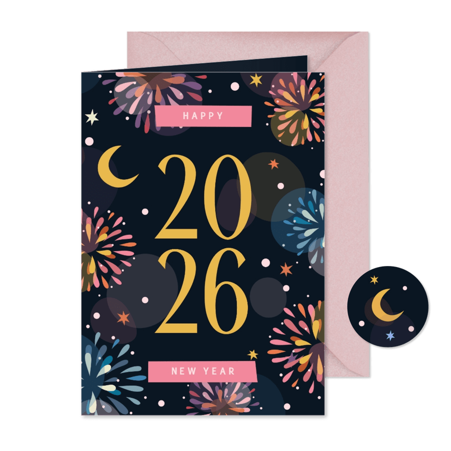 Grußkarte neues Jahr buntes Feuerwerk & Jahreszahl - Karteneindruck