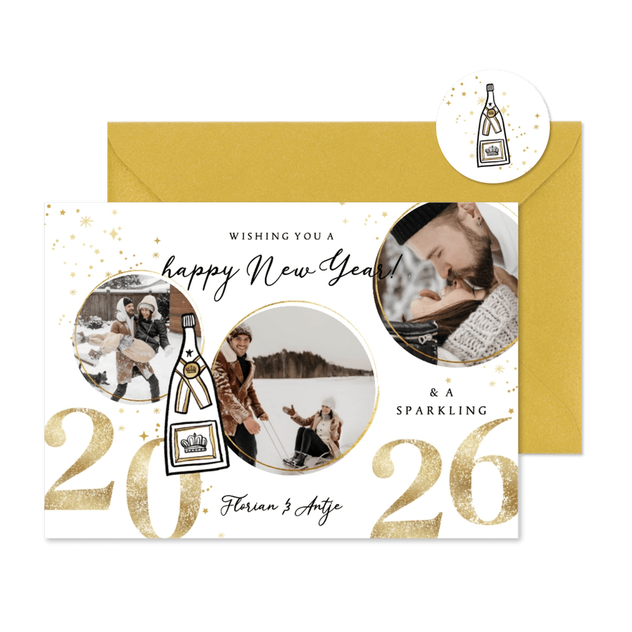 Grußkarte Neujahr runde Fotos 2026 - Karteneindruck
