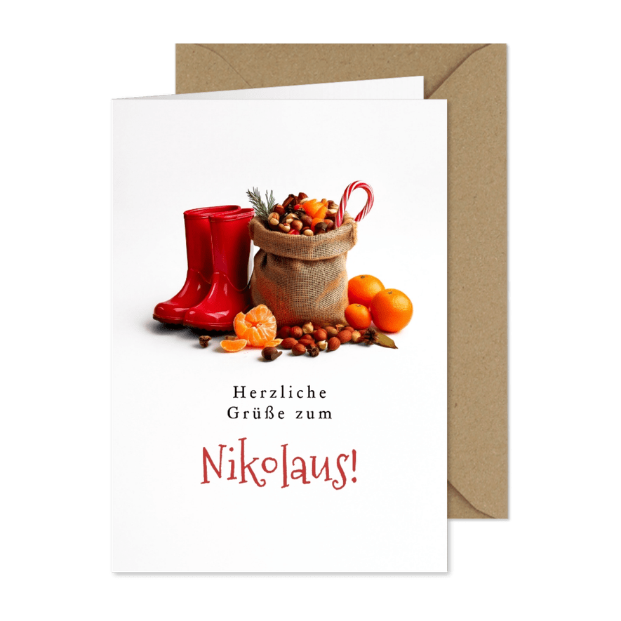 Grußkarte Nikolaus Gummistiefel Sack Nüsse Mandarinen - Kartenvorschau