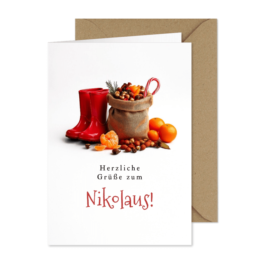 Grußkarte Nikolaus Gummistiefel Sack Nüsse Mandarinen - Kartenvorschau