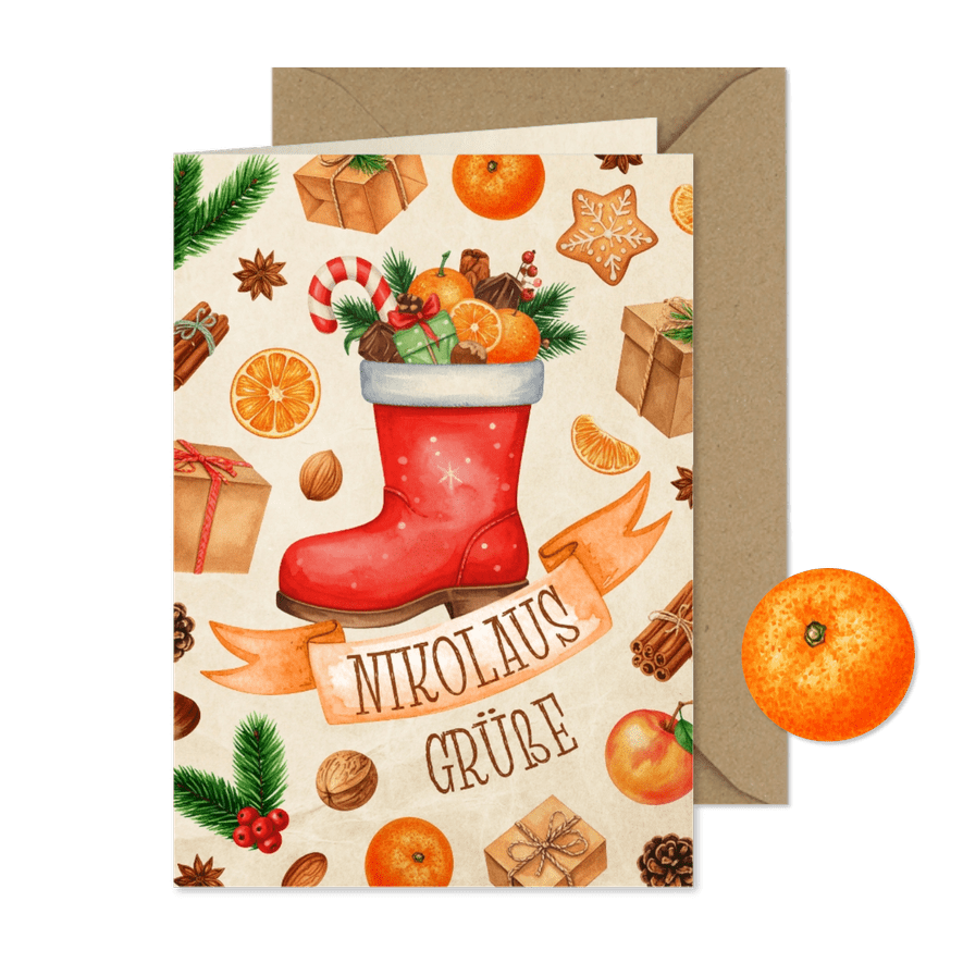 Grußkarte Nikolausstiefel Leckereien 'Nikolausgrüße' - Karteneindruck