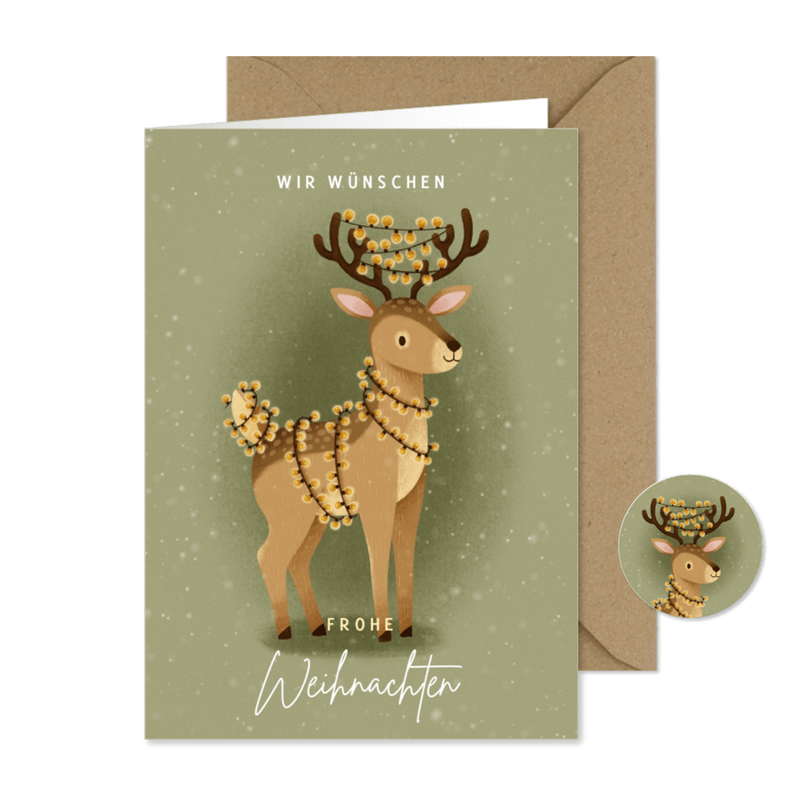 Grußkarte Weihnachten Hirsch mit Lichterkette - Karteneindruck