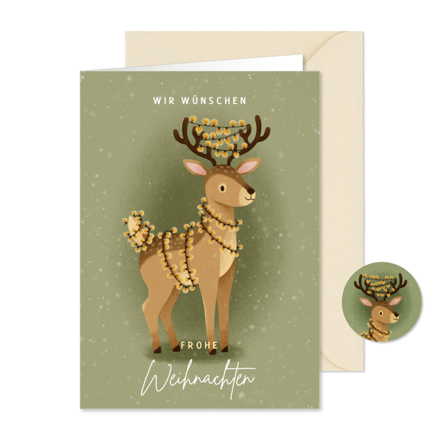 Grußkarte Weihnachten Hirsch mit Lichterkette - Kartenvorschau

