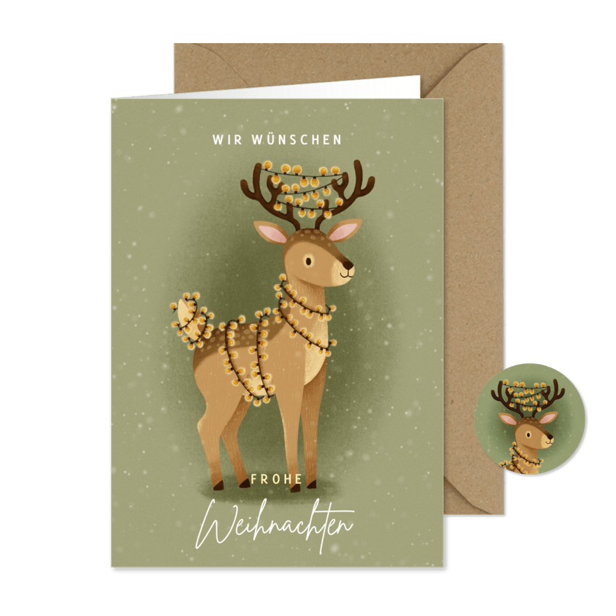 Grußkarte Weihnachten Hirsch mit Lichterkette - Karteneindruck