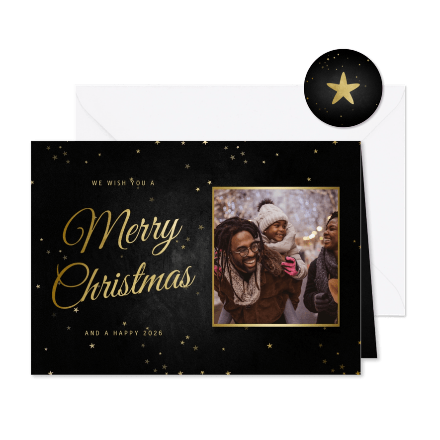 Grußkarte Weihnachten 'Merry Christmas' Foto & Sterne - Karteneindruck
