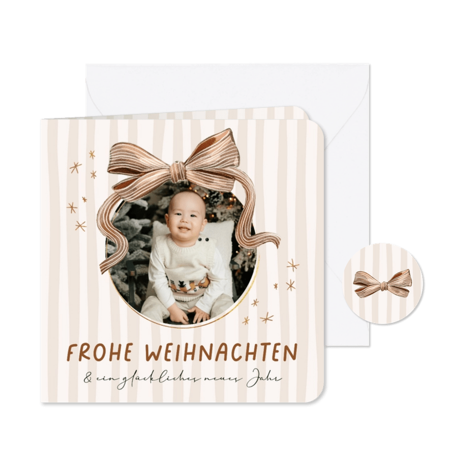Grußkarte Weihnachten rundes Foto mit beider Schleife - Kartenvorschau
