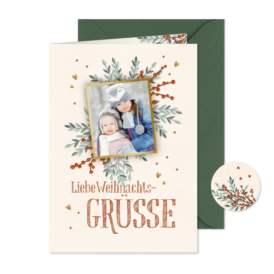Grußkarte zu Weihnachten Foto auf Zweigen - Kartenvorschau