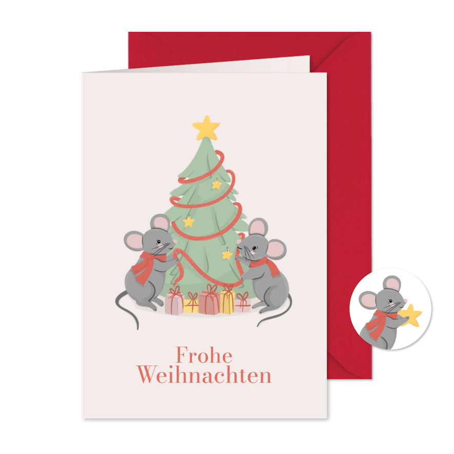 Grußkarte zu Weihnachten Mäuse mit Weihnachtsbaum - Kartenvorschau
