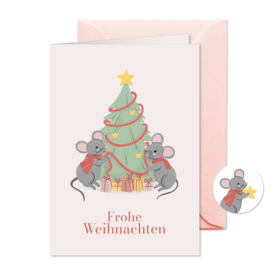 Grußkarte zu Weihnachten Mäuse mit Weihnachtsbaum - Karteneindruck