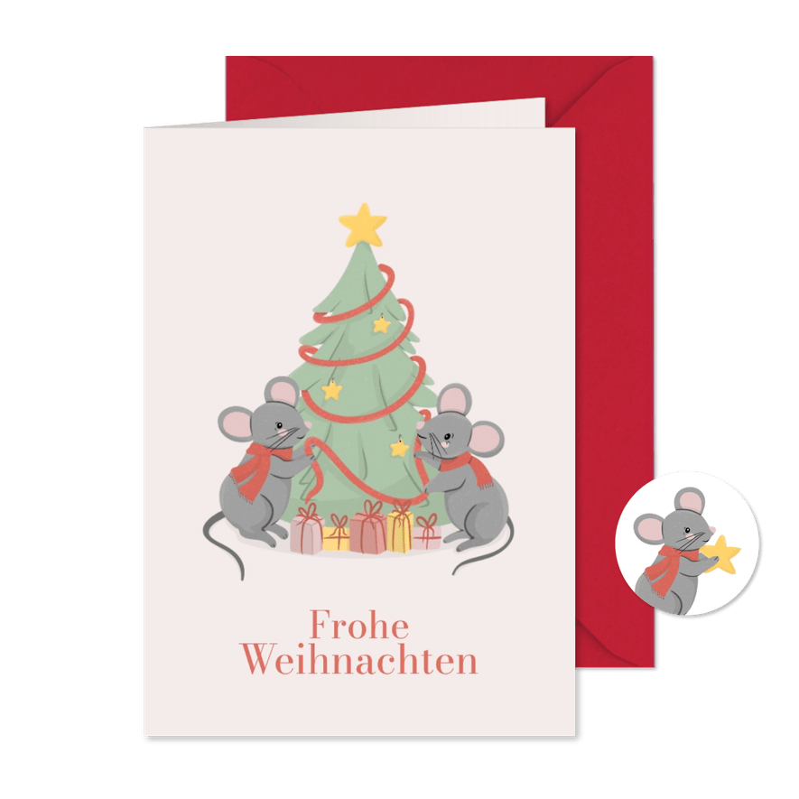 Grußkarte zu Weihnachten Mäuse mit Weihnachtsbaum - Karteneindruck