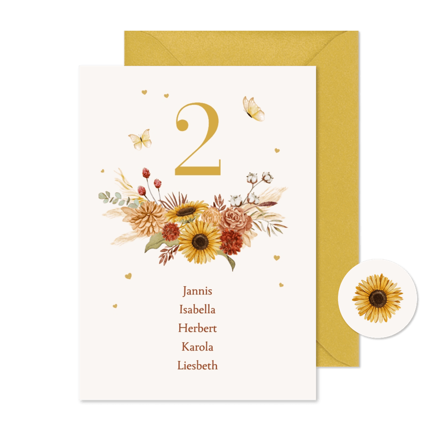 Gurppen-Tischnummerkarte Blumenkranz Blütengesteck  - Karteneindruck
