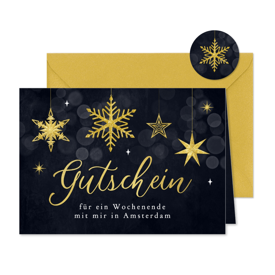 Gutschein Weihnachtskarte Sterne Schneekristalle gold  - Karteneindruck
