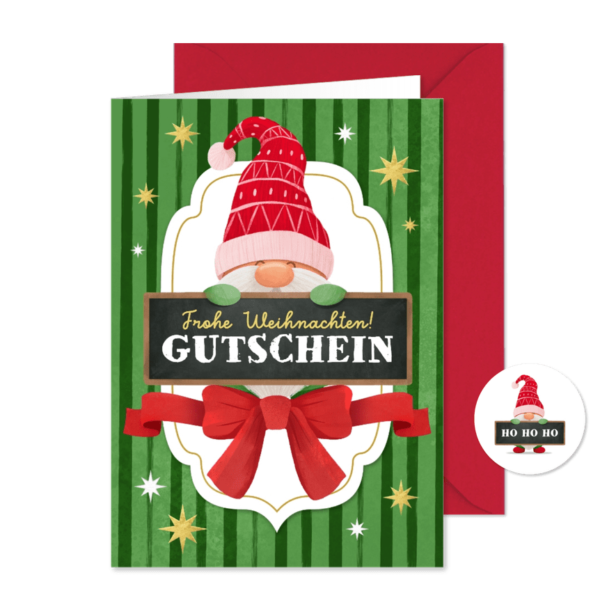 Gutschein-Weihnachtskarte Wichtel mit Schild - Karteneindruck