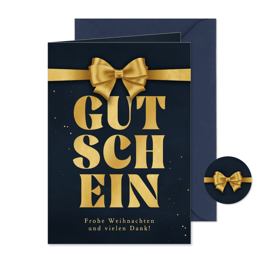 Gutscheinkarte Firma Schleife Schriftzug Gold Blau - Karteneindruck
