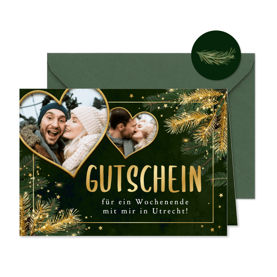 Gutscheinkarte Fotocollage Weihnachten Herzen Tannenzweige  - Karteneindruck
