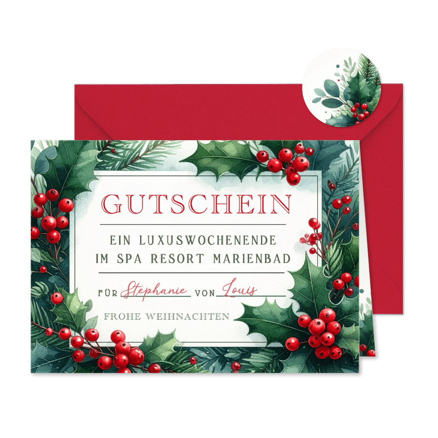 Gutscheinkarte Weihnachten botanisch Ilex Aquarell - Karteneindruck
