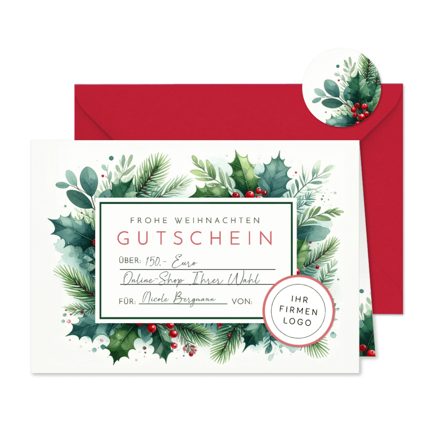 Gutscheinkarte Weihnachten Mistelzweige Ilex mit Logo - Karteneindruck