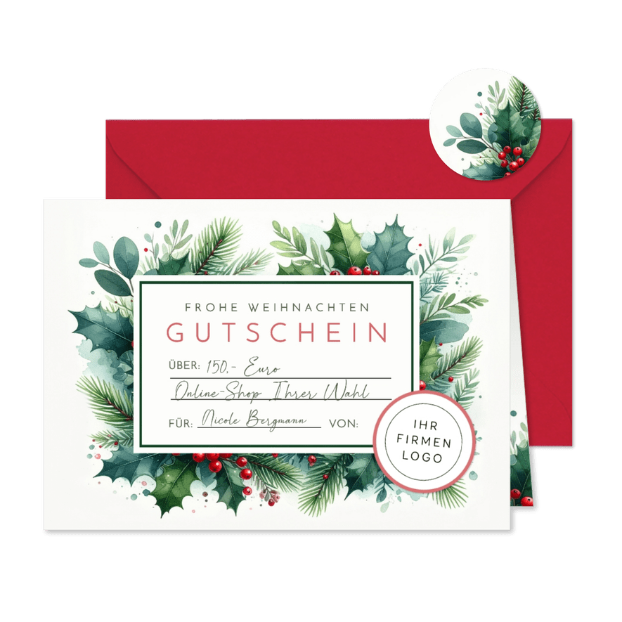 Gutscheinkarte Weihnachten Mistelzweige Ilex mit Logo - Karteneindruck
